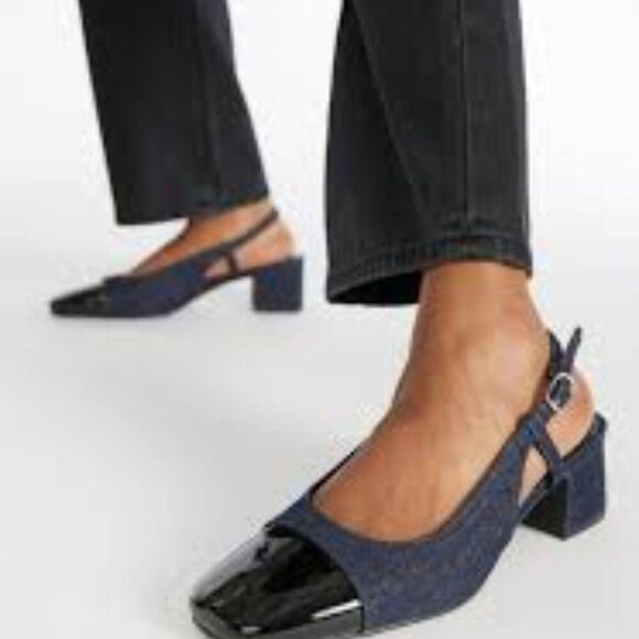 Spectator Pump Blue Denim and Black Patent Slingback block heel Size 7 - Picture 1 of 16